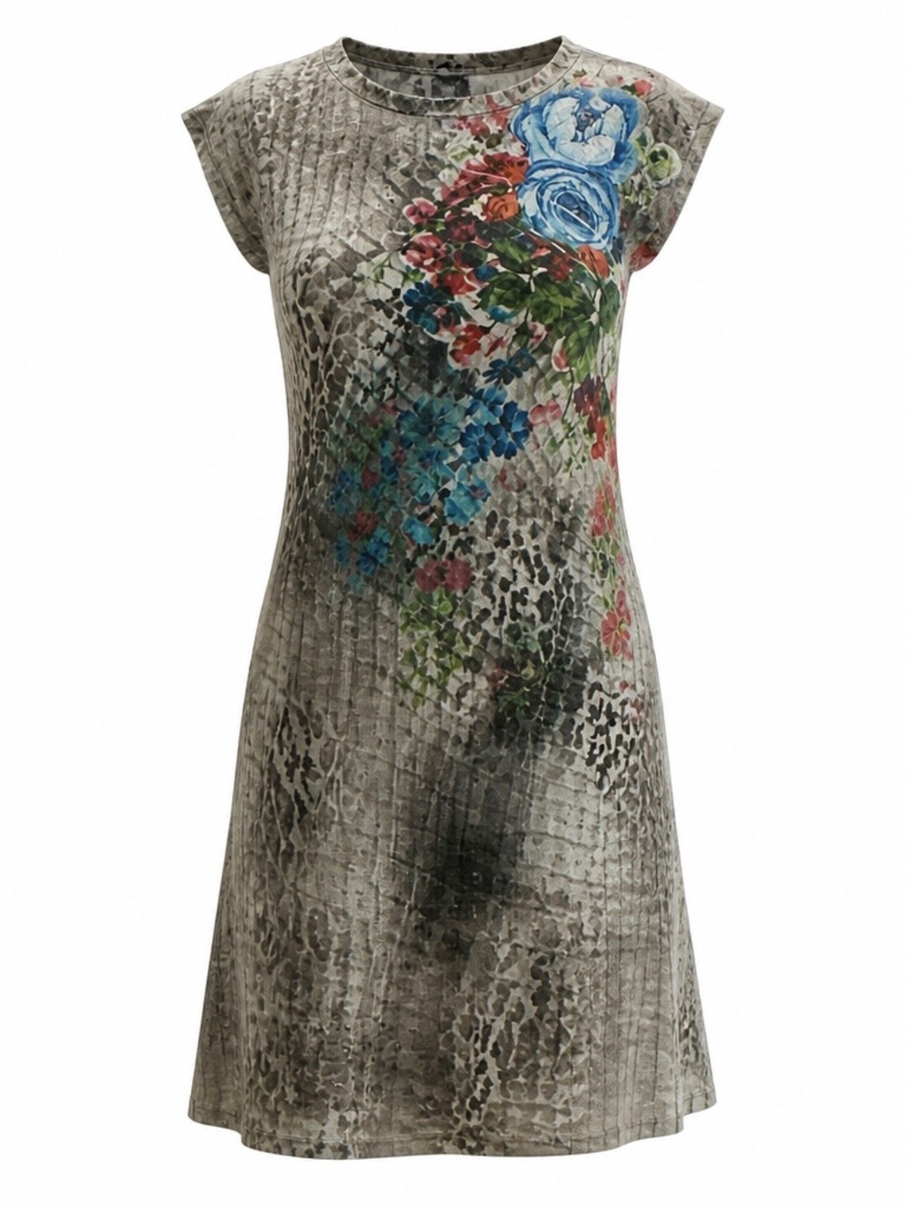 Floral & Animal Print Midi Dress in Gray with Multicolor Accents